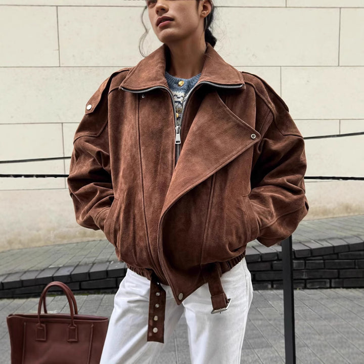 Damernas trendiga oversized läderjacka med bälte Mirla-Eva Jonsson