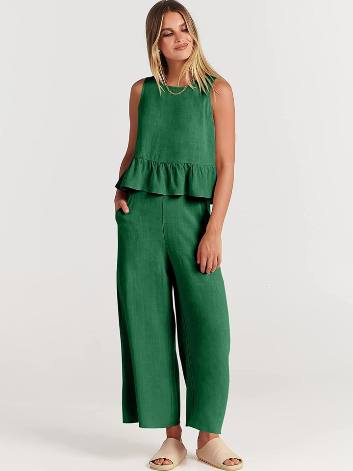 Damernas tvådelade set med snygg peplum-topp och vida byxor Mirla-Eva Jonsson