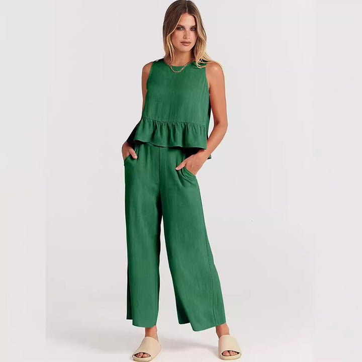 Damernas tvådelade set med snygg peplum-topp och vida byxor Mirla-Eva Jonsson