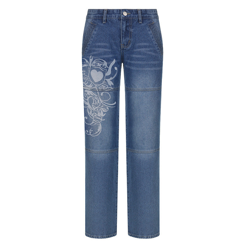 Damernas vida denim-byxor med konstnärligt tryck Mirla-Eva Jonsson
