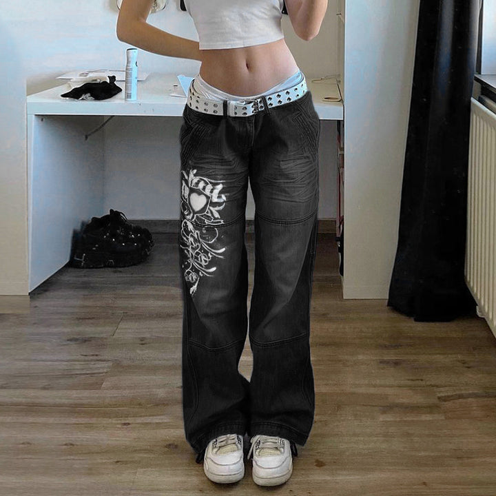 Damernas vida denim-byxor med konstnärligt tryck Mirla-Eva Jonsson