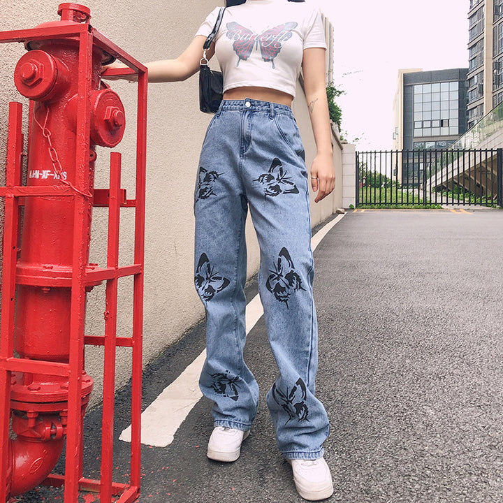 Damernas vida högmidjade jeans med blommönster Eva Jonsson-Eva Jonsson