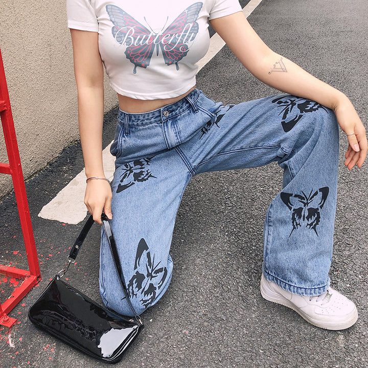 Damernas vida högmidjade jeans med blommönster Eva Jonsson-Eva Jonsson