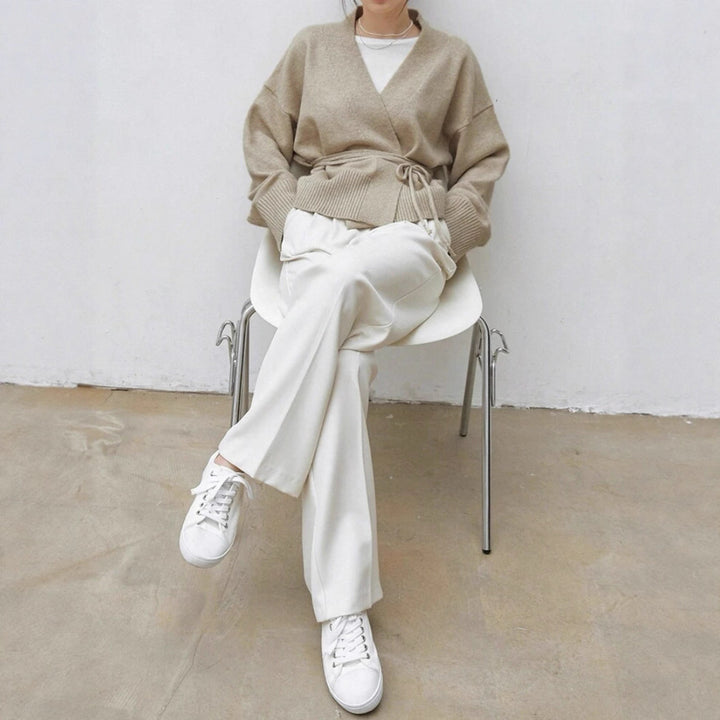 Damernas virkad cardigan med bred ribbad mudden och bälte Eva Jonsson-Eva Jonsson