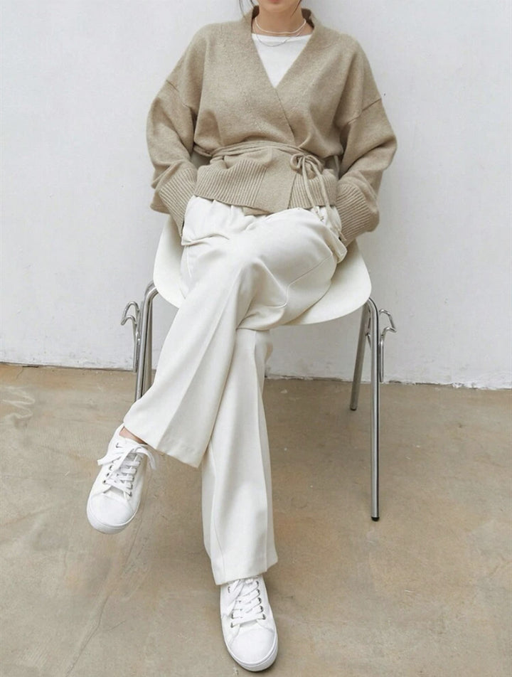 Damernas virkad cardigan med bred ribbad mudden och bälte Eva Jonsson-Eva Jonsson