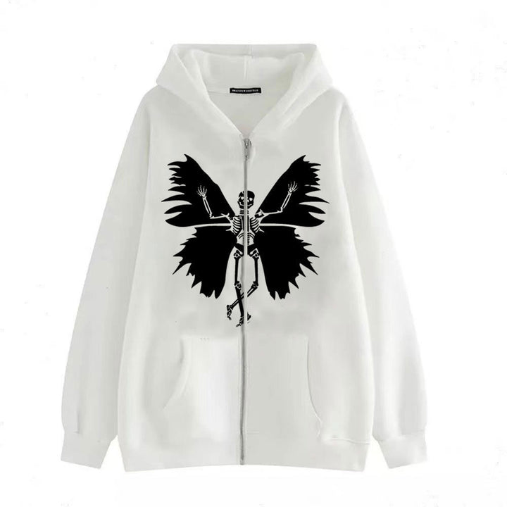 Damernas zip hoodie med unik skelett- och fjärilsdesign Mirla-Eva Jonsson
