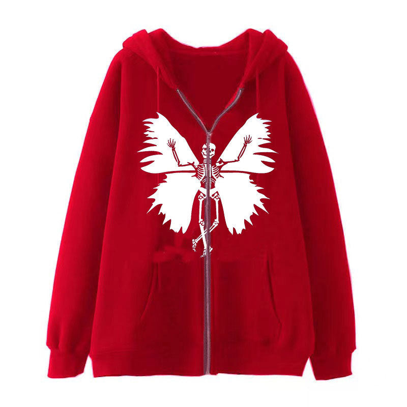 Damernas zip hoodie med unik skelett- och fjärilsdesign Mirla-Eva Jonsson