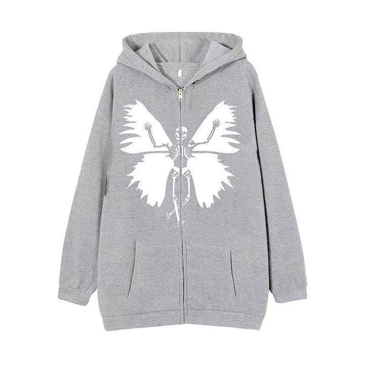 Damernas zip hoodie med unik skelett- och fjärilsdesign Mirla-Eva Jonsson