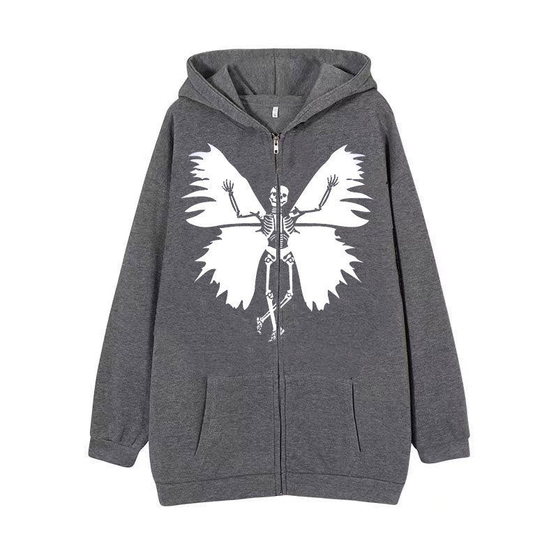Damernas zip hoodie med unik skelett- och fjärilsdesign Mirla-Eva Jonsson