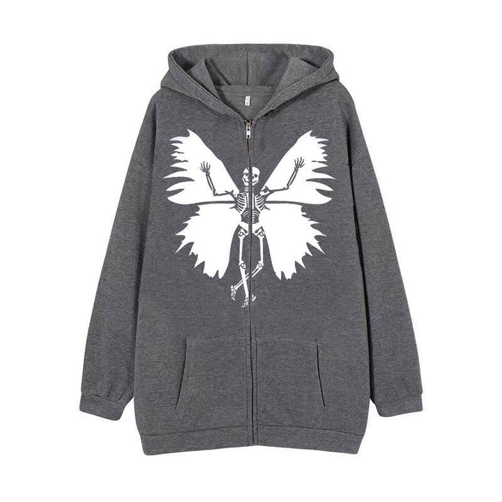 Damernas zip hoodie med unik skelett- och fjärilsdesign Mirla-Eva Jonsson