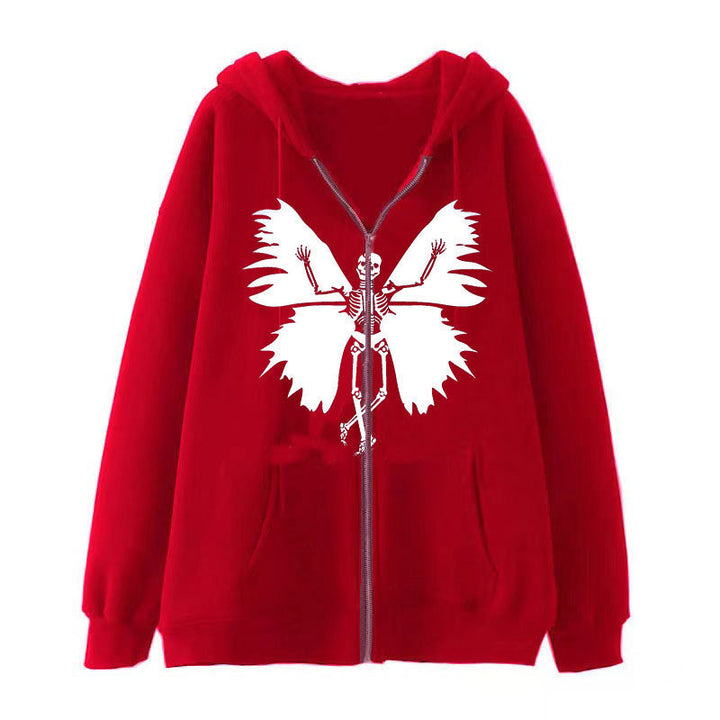 Damernas zip hoodie med unik skelett- och fjärilsdesign Mirla-Eva Jonsson