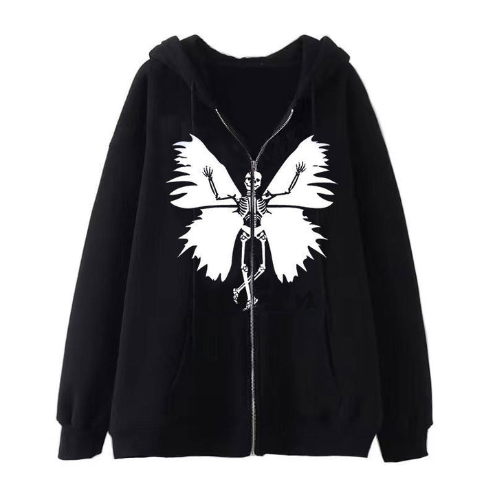 Damernas zip hoodie med unik skelett- och fjärilsdesign Mirla-Eva Jonsson