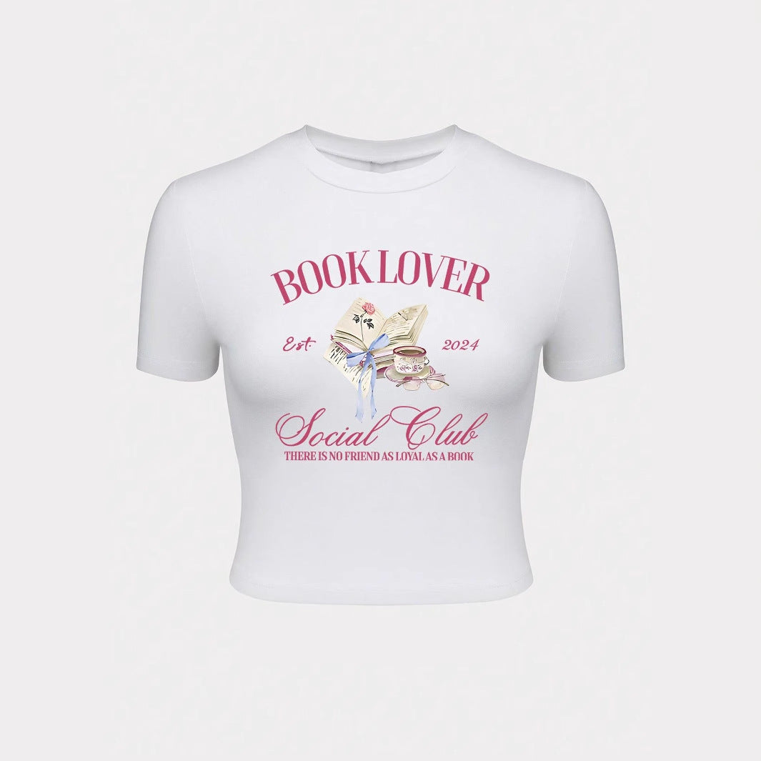 Damers Crop-T-shirt med kreativt bokälskare-design och modern tryck Mirla-Eva Jonsson