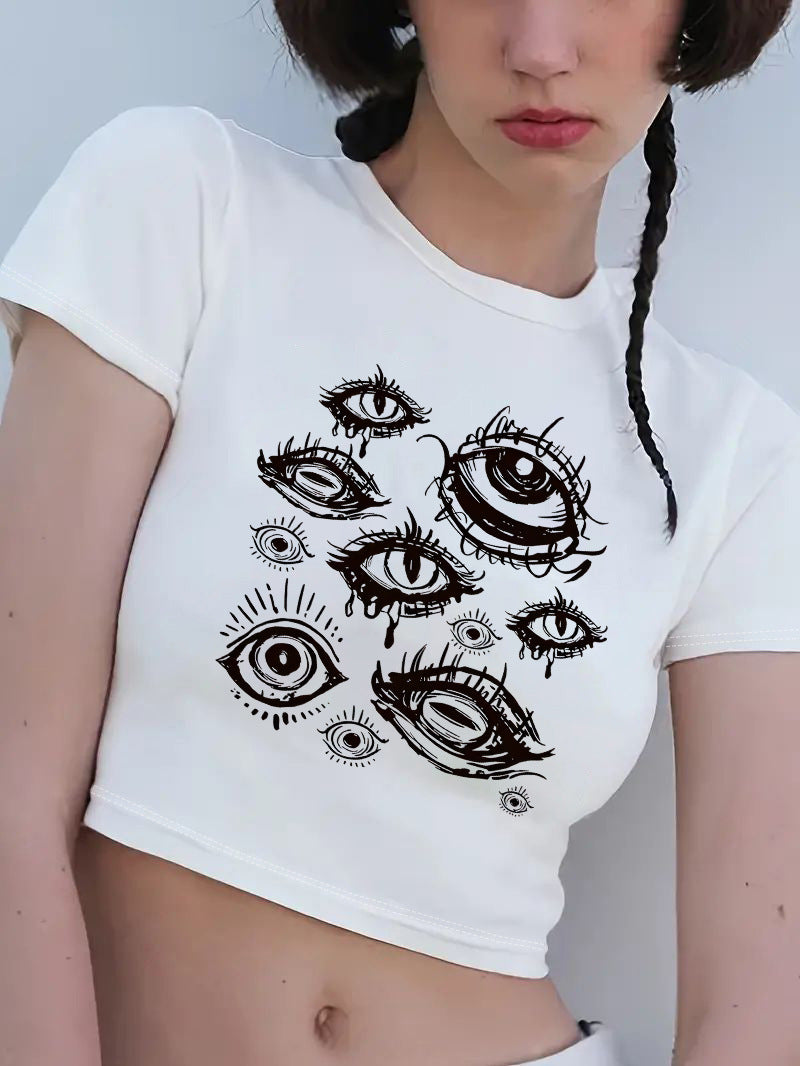 Damers Crop-T-shirt med kreativt motiv och figurnära snitt Mirla-Eva Jonsson