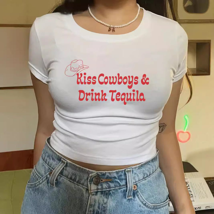 Damers Crop-T-shirt med kreativt motiv och figurnära snitt Mirla-Eva Jonsson