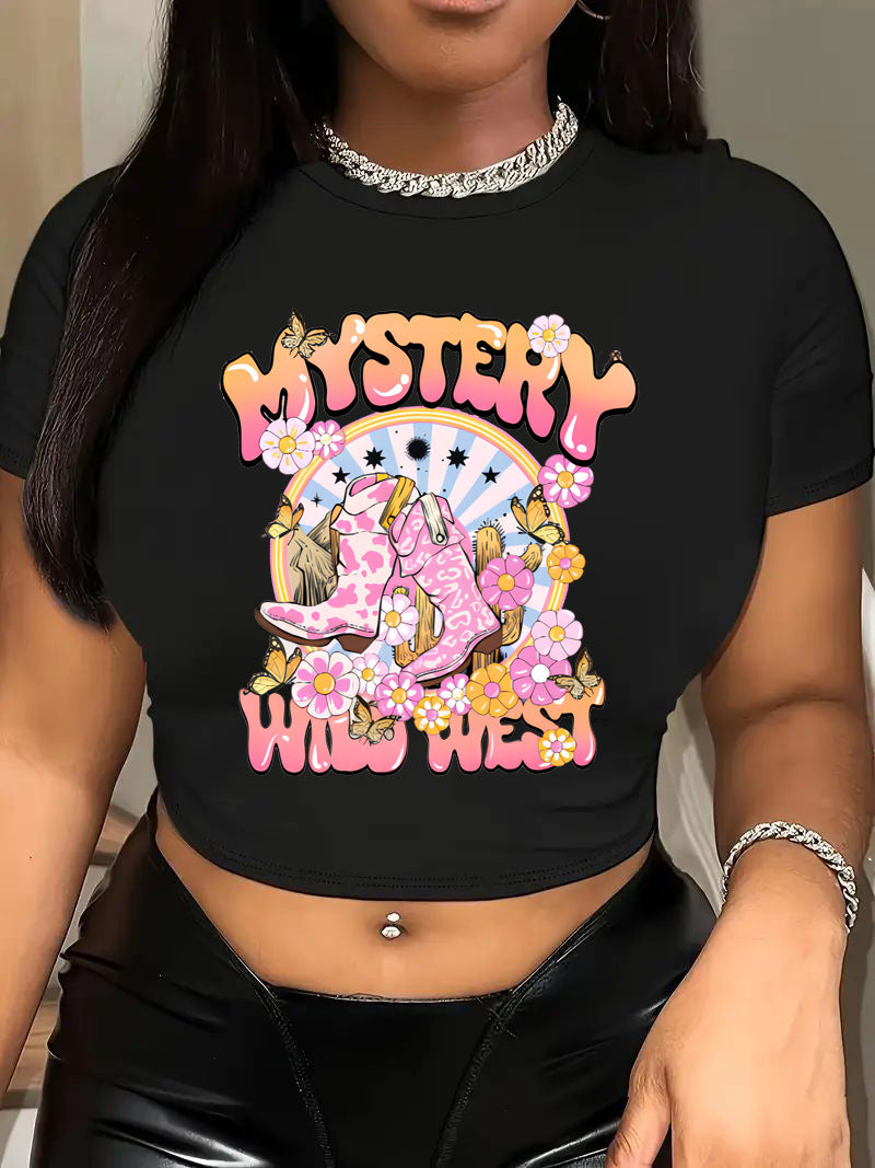 Damers Crop-T-shirt med kreativt motiv och figurnära snitt Mirla-Eva Jonsson