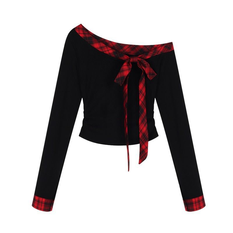 Damers Crop Top med modernt Off-Shoulder design och rutigt rosett detaljer-Eva Jonsson