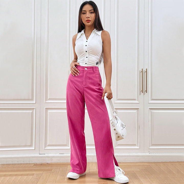 Damers breda kordbyxor med elegant slit Mirla-Eva Jonsson