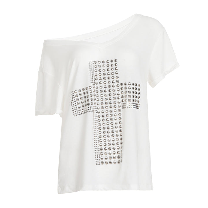 Damers stiliga oversized T-shirt med korsdesign och glittrande detaljer Mirla-Eva Jonsson