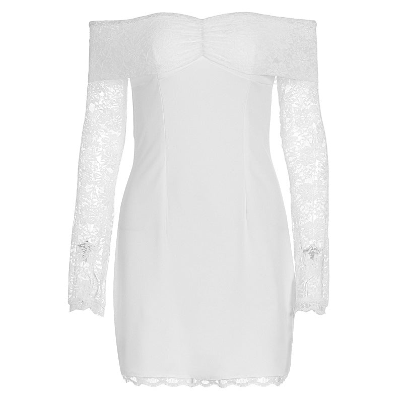 Dames Off-Shoulder Klänning med Spetsärmar och Figursydd Design Mirla-Eva Jonsson