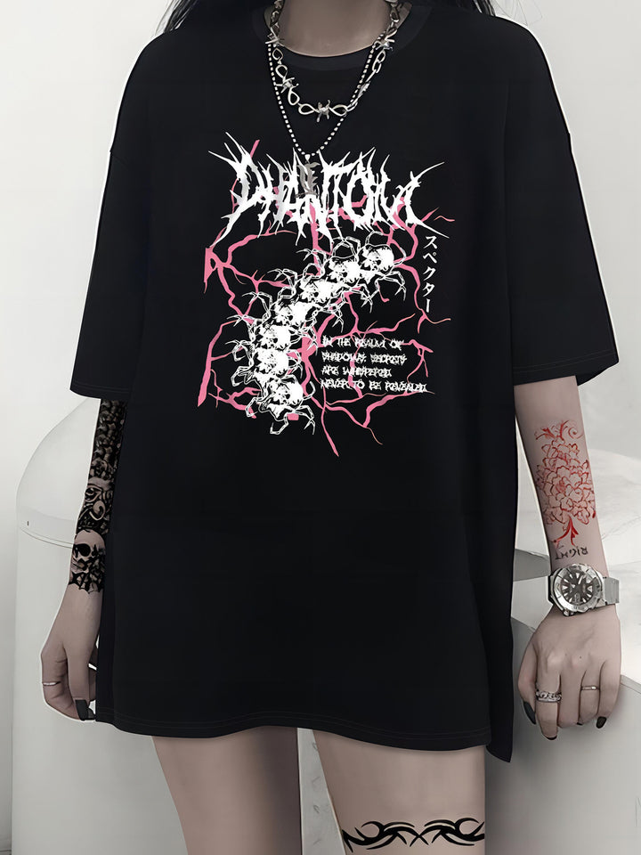 Dames T-shirt met artistiek skelettemotief en unieke druk Mirla-Eva Jonsson
