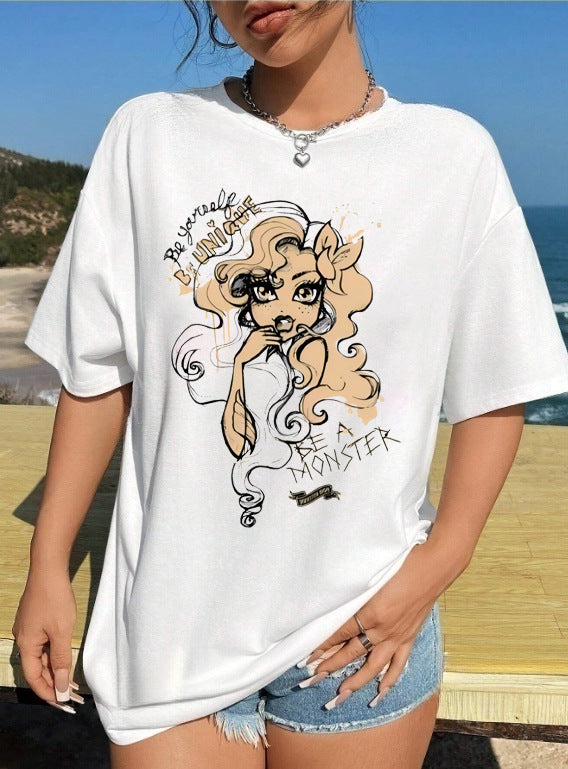 Dames T-shirt met artistiek skelettemotief en unieke druk Mirla-Eva Jonsson
