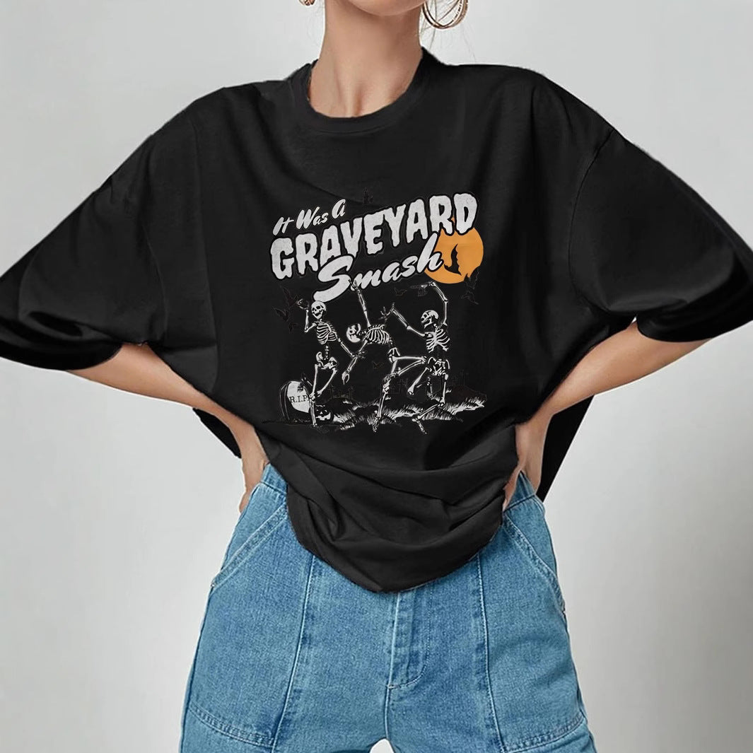 Dames T-shirt met artistiek skelettemotief en unieke druk Mirla-Eva Jonsson