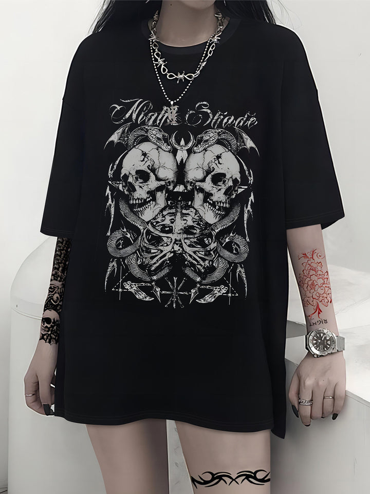 Dames T-shirt met artistiek skelettemotief en unieke druk Mirla-Eva Jonsson
