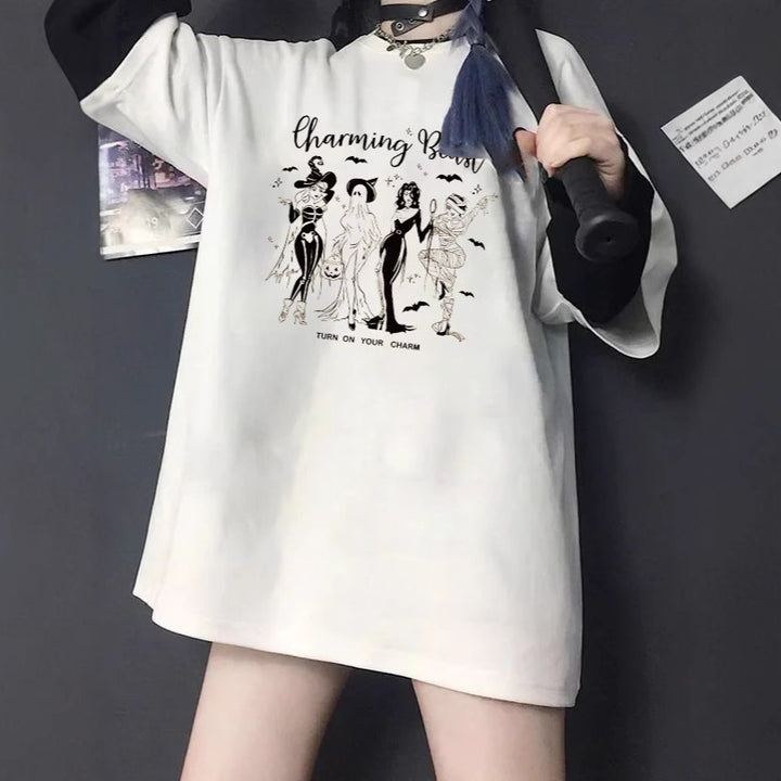 Dames T-shirt met artistiek skelettemotief en unieke druk Mirla-Eva Jonsson