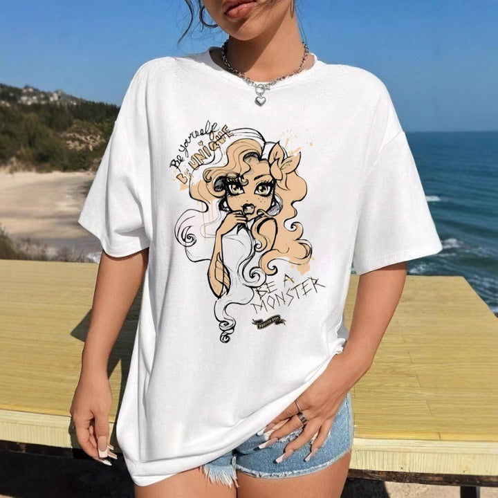 Dames T-shirt met artistiek skelettemotief en unieke druk Mirla-Eva Jonsson