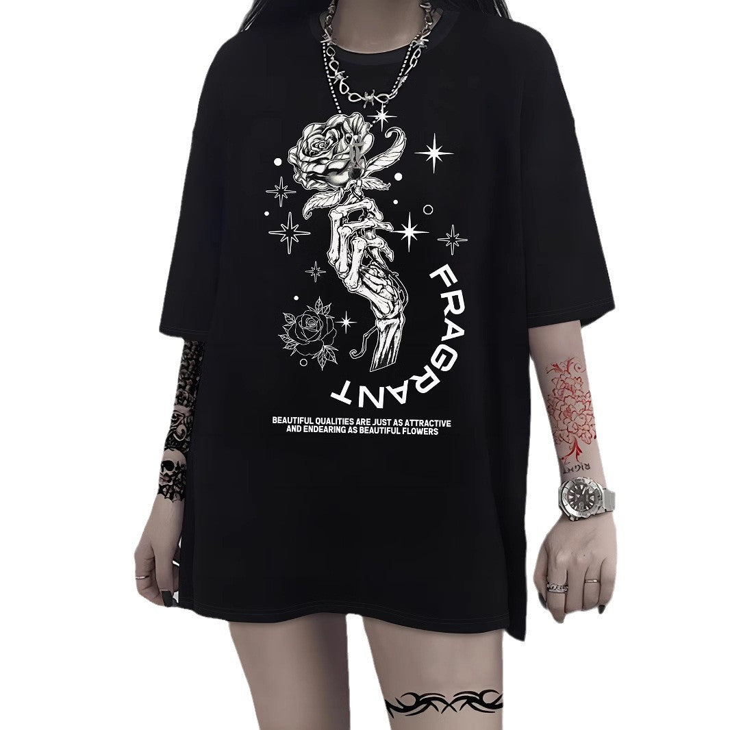 Dames T-shirt met artistiek skelettemotief en unieke druk Mirla-Eva Jonsson