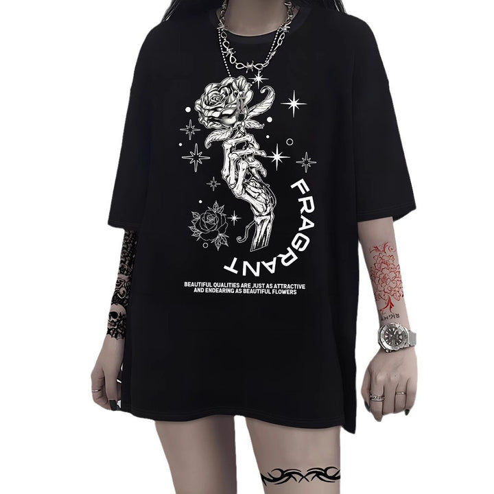 Dames T-shirt met artistiek skelettemotief en unieke druk Mirla-Eva Jonsson