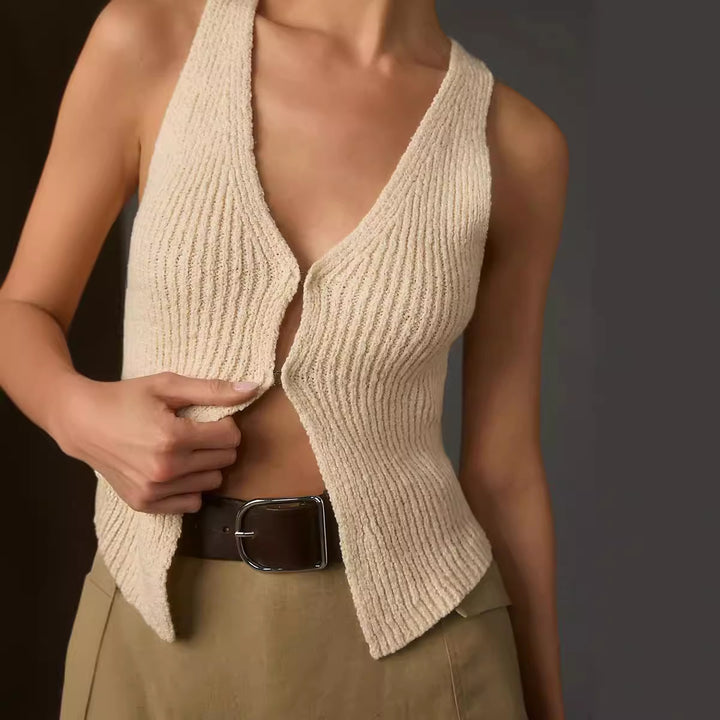 Dames casual brei top met diepe V-hals en knoopdetails Mirla-Eva Jonsson