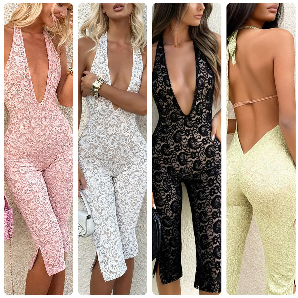 Dames jumpsuit i delikat spets med djup halsringning och sidofickor Mirla-Eva Jonsson