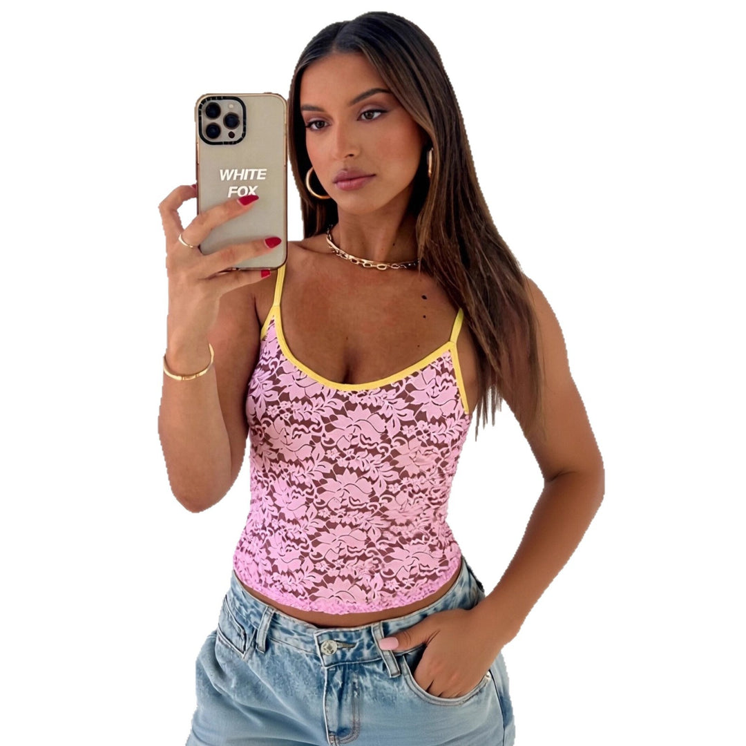 Dames spets-crop-top med kontrasterande fåll Mirla-Eva Jonsson