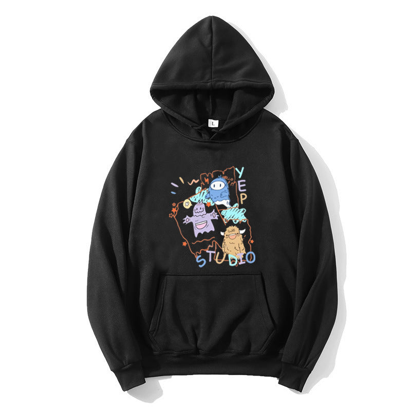 Damhoodie med lekfull design av tecknad film Mirla-Eva Jonsson