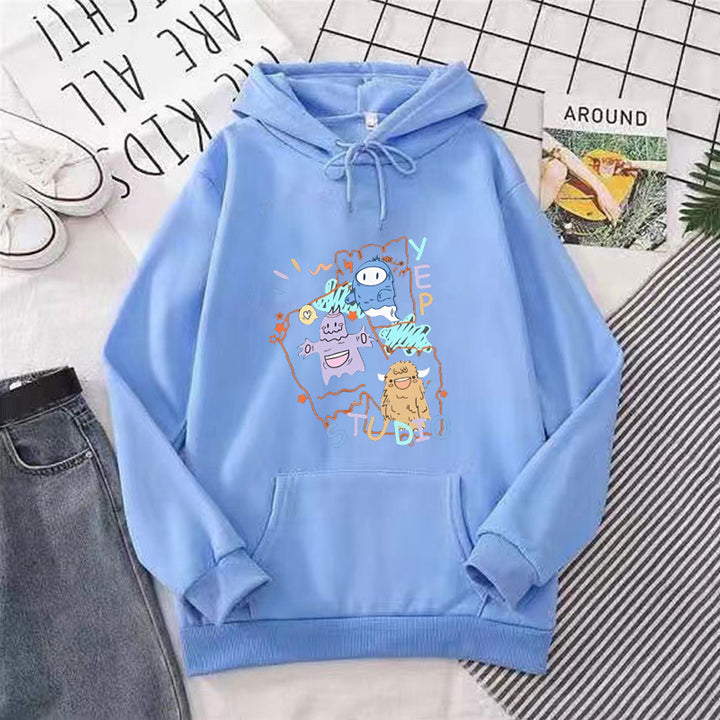 Damhoodie med lekfull design av tecknad film Mirla-Eva Jonsson