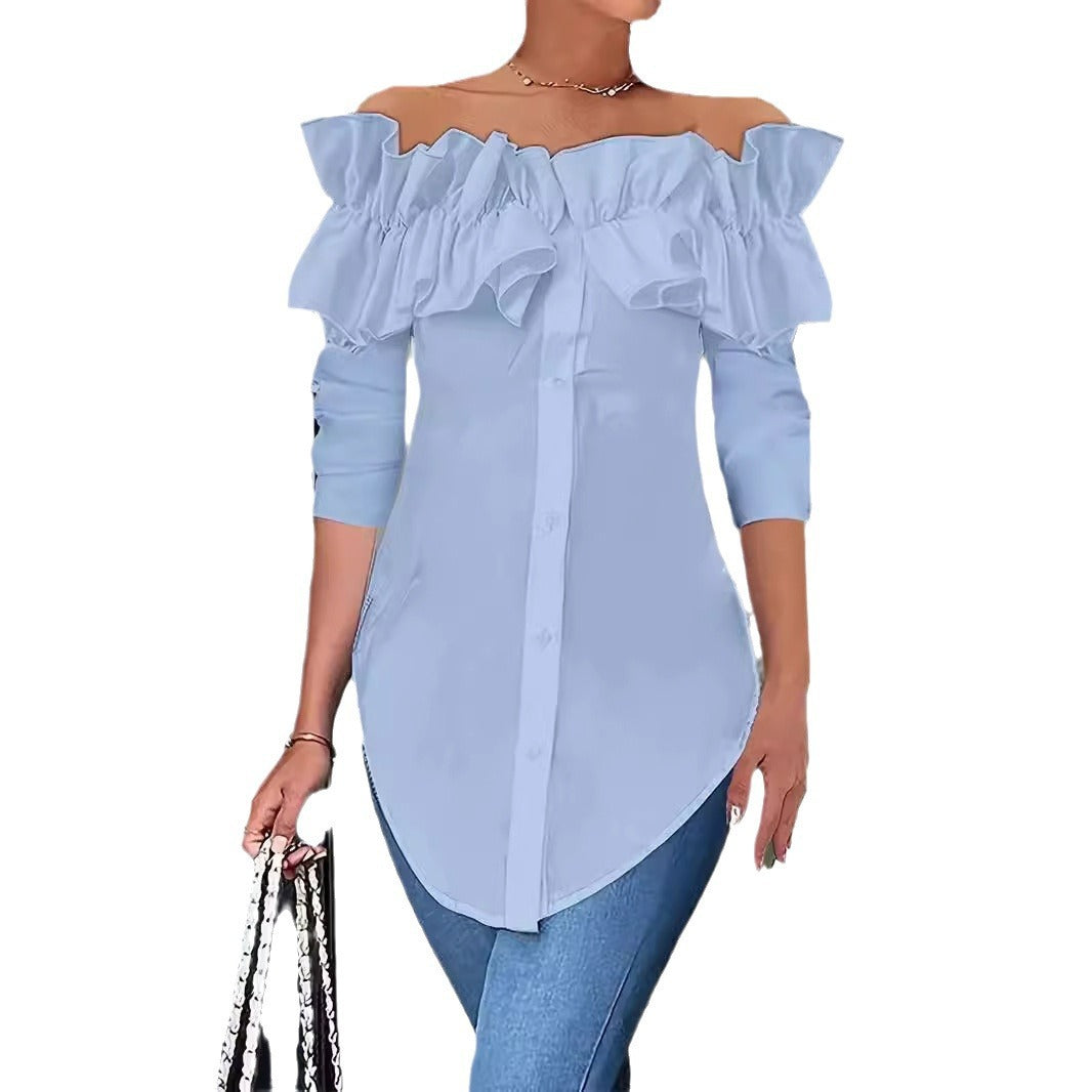 Damingblus med axelavskuren design och voluminösa ruffle-detaljer Mirla-Eva Jonsson