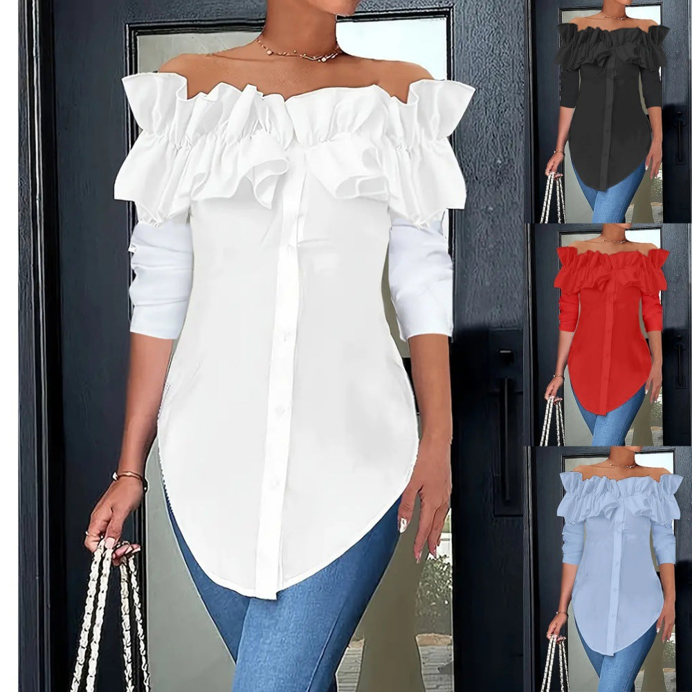Damingblus med axelavskuren design och voluminösa ruffle-detaljer Mirla-Eva Jonsson