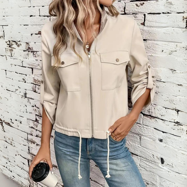 Damjacka - Beige lättviktsjacka med dragkedja för hösten-Eva Jonsson