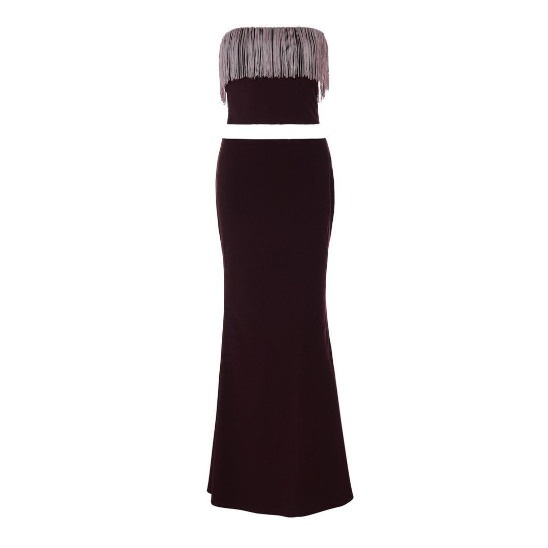 Damklänning Elegant Tvådelad Aftonklänning med Fringed Topp och Figurformad Silhouette Mirla-Eva Jonsson