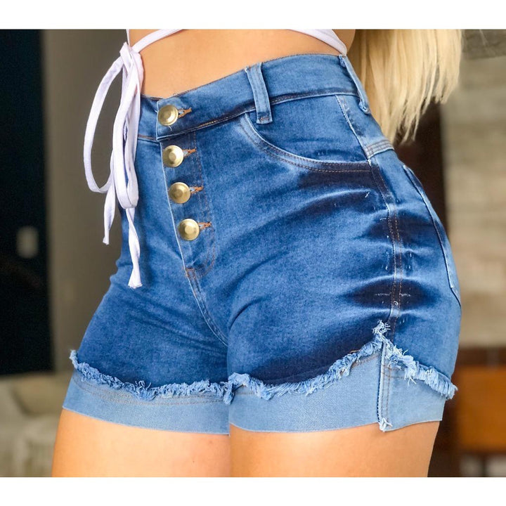 Damklänning Hög midja jeans-shorts med knapplås och fransar Mirla-Eva Jonsson
