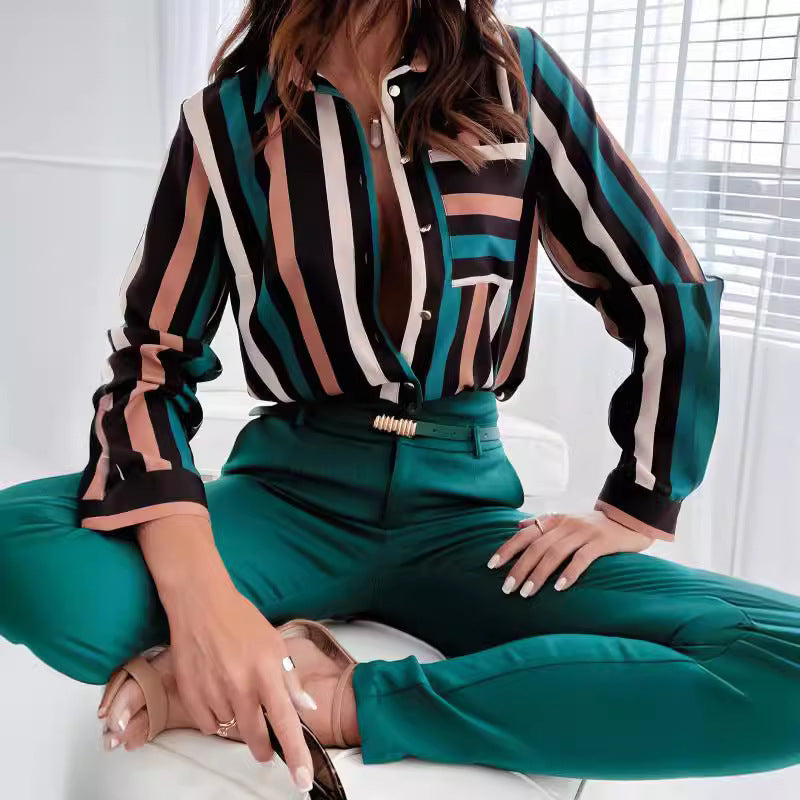 Damknapp-up randig blus med kontrastfickor Eva Jonsson-Eva Jonsson