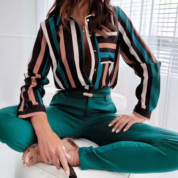 Damknapp-up randig blus med kontrastfickor Eva Jonsson-Eva Jonsson