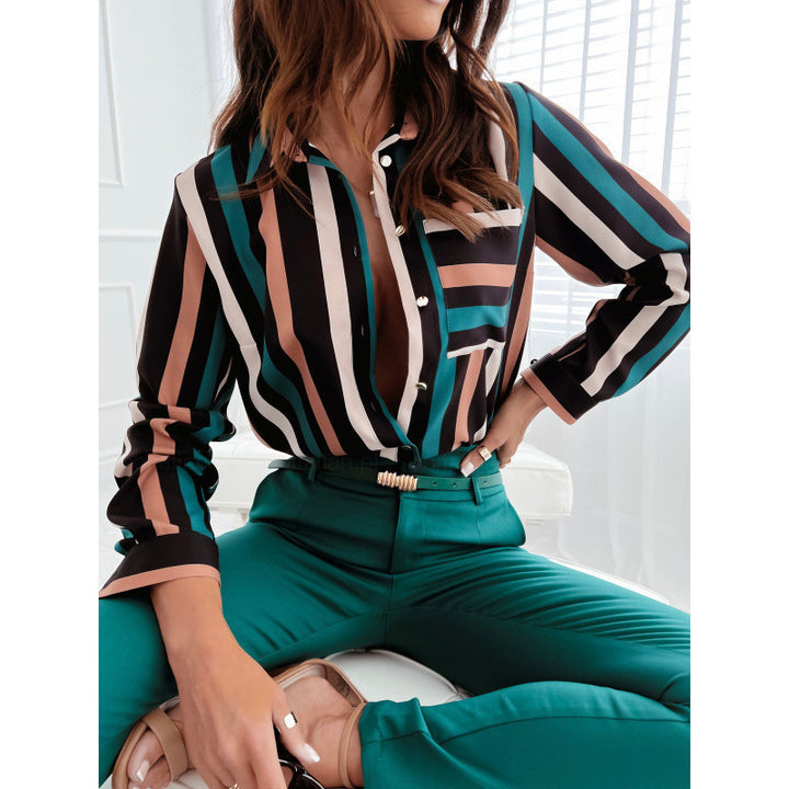 Damknapp-up randig blus med kontrastfickor Eva Jonsson-Eva Jonsson