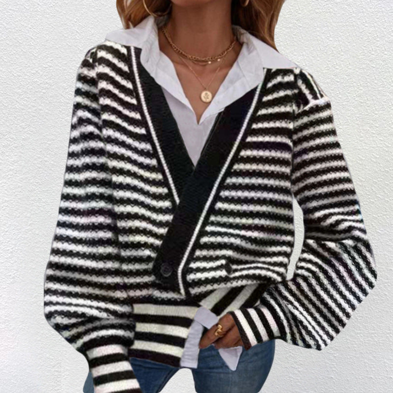 Dammens Grovstickad Cardigan med V-Hals och Moderna Ränder Mirla-Eva Jonsson