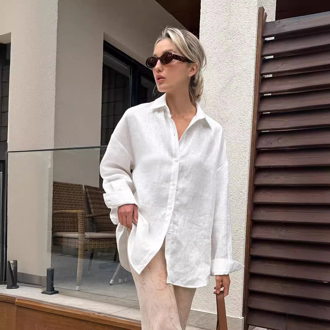 Dammens linne skjorta med avslappnad passform och oversized ärmar Mirla-Eva Jonsson