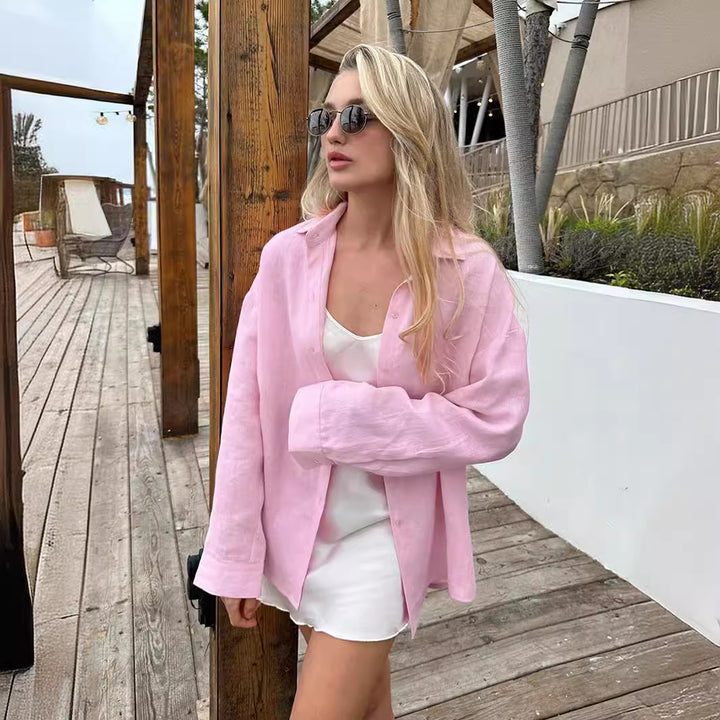 Dammens linne skjorta med avslappnad passform och oversized ärmar Mirla-Eva Jonsson