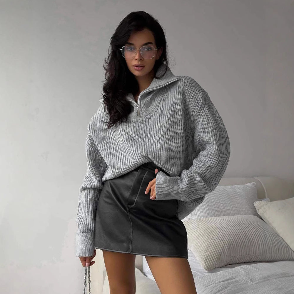 Damö Oversized Stickad Tröja med Hög Krage och Dragkedja Mirla-Eva Jonsson