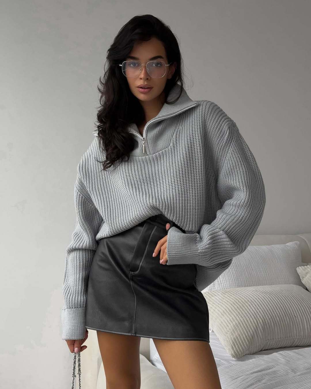 Damö Oversized Stickad Tröja med Hög Krage och Dragkedja Mirla-Eva Jonsson